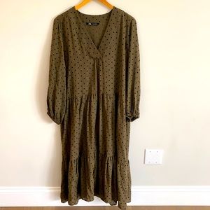 Zara NWOT Brown Black Polka Dot Dress, Size Large